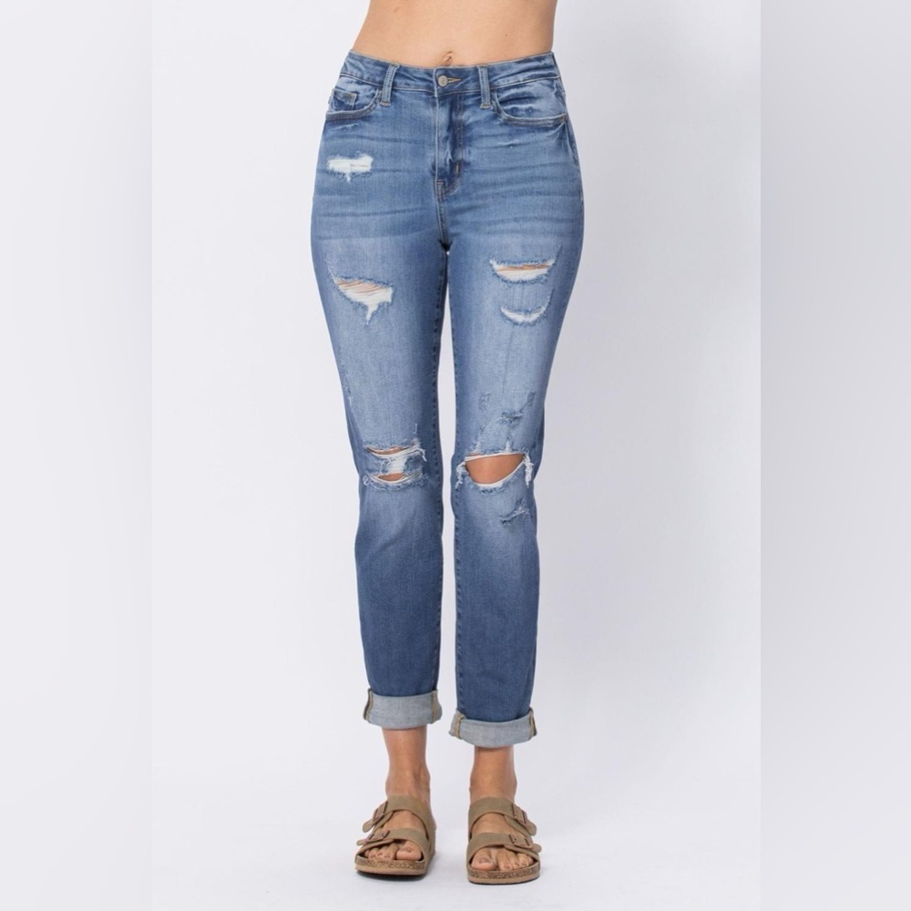 Judy Blue High Waist Cuffed Boyfriend Denim Jeans Distressed Straight Leg 11/30